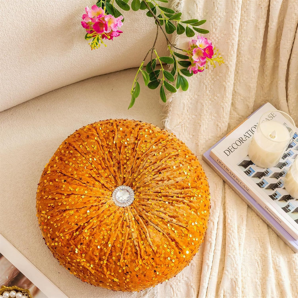 Round Throw Pillow, 13.7" Soft Glitter Sequin Pleated Pumpkin Decorative Round Pillow Circle Floor Pillow Cushions for Sofa Bed Chair Living Room Floor Home Decoration, Yellow