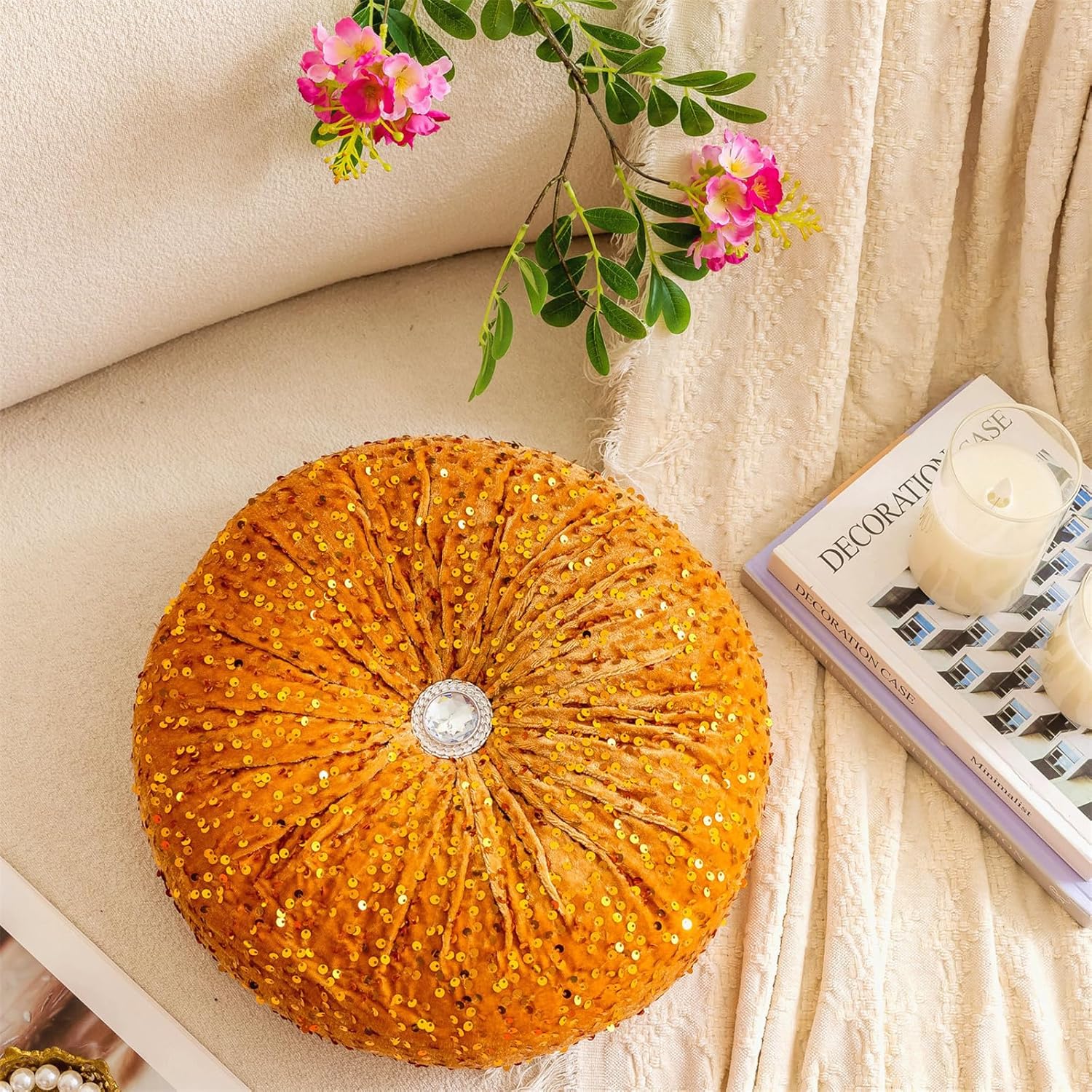 Round Throw Pillow, 13.7" Soft Glitter Sequin Pleated Pumpkin Decorative Round Pillow Circle Floor Pillow Cushions for Sofa Bed Chair Living Room Floor Home Decoration, Yellow