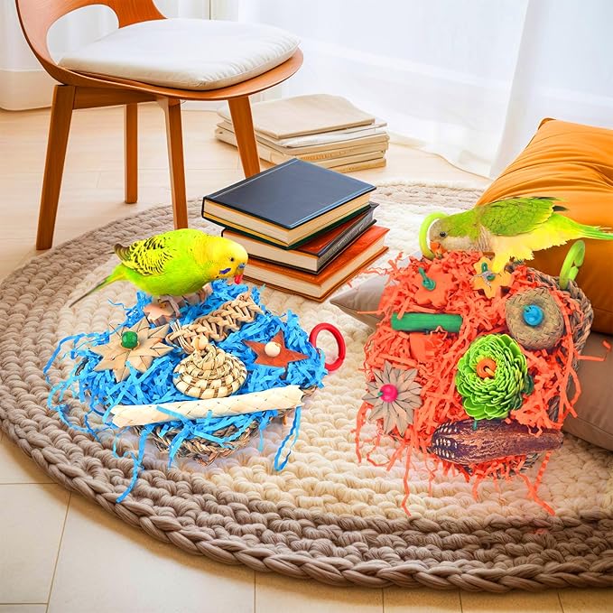 KATUMO Bird Toys, 2 Pack Bird Grass Mat Foraging Wall Toys Parrot Shredder Toys for Parakeet, Cockatiel, Conure, Lovebird, Budgie, Small to Medium Birds