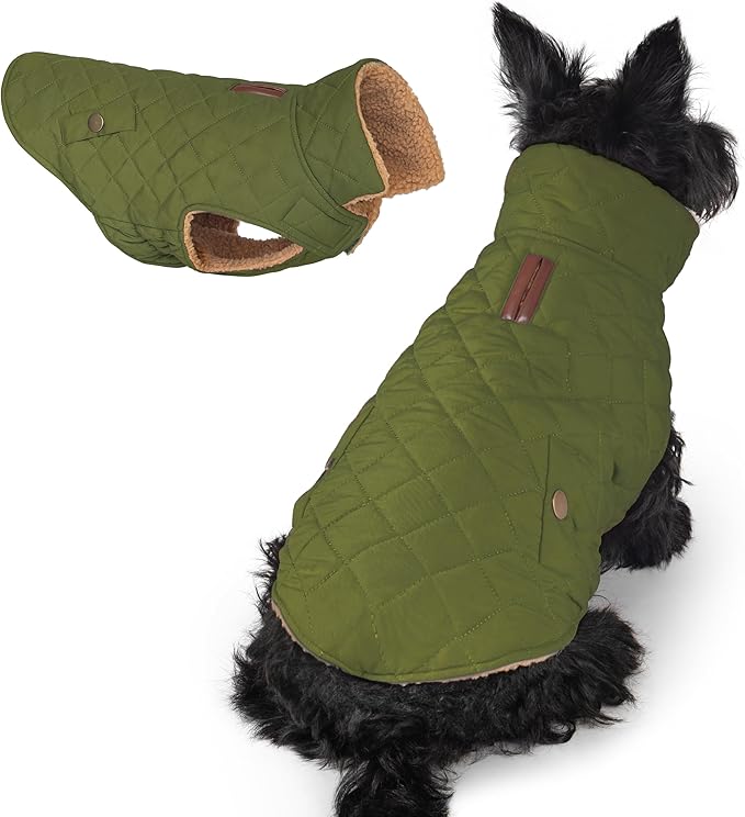 azuza Dog Jacket Waterproof & Windproof Dog Coat for Small Dogs with Thick Fleece, High Collar with Leash Hole, Adjustable Velcro & Elastic Belly, Army Green XL
