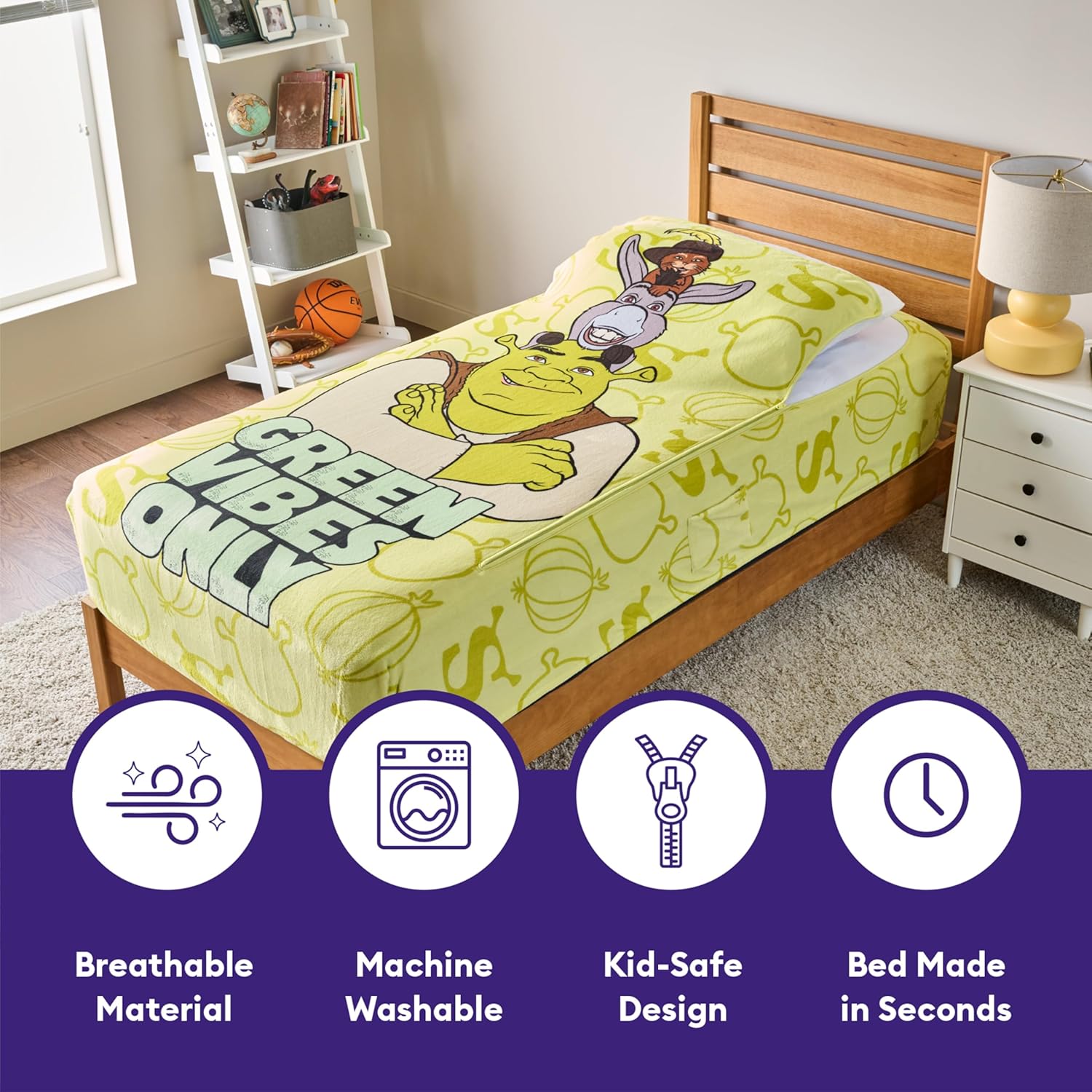 ZippySack Twin Bed Zip-Up Bedding – Super Soft Fleece Fitted Blanket with Side Pocket & Durable Zipper – Easy Bed-Making for Kids (Shrek)