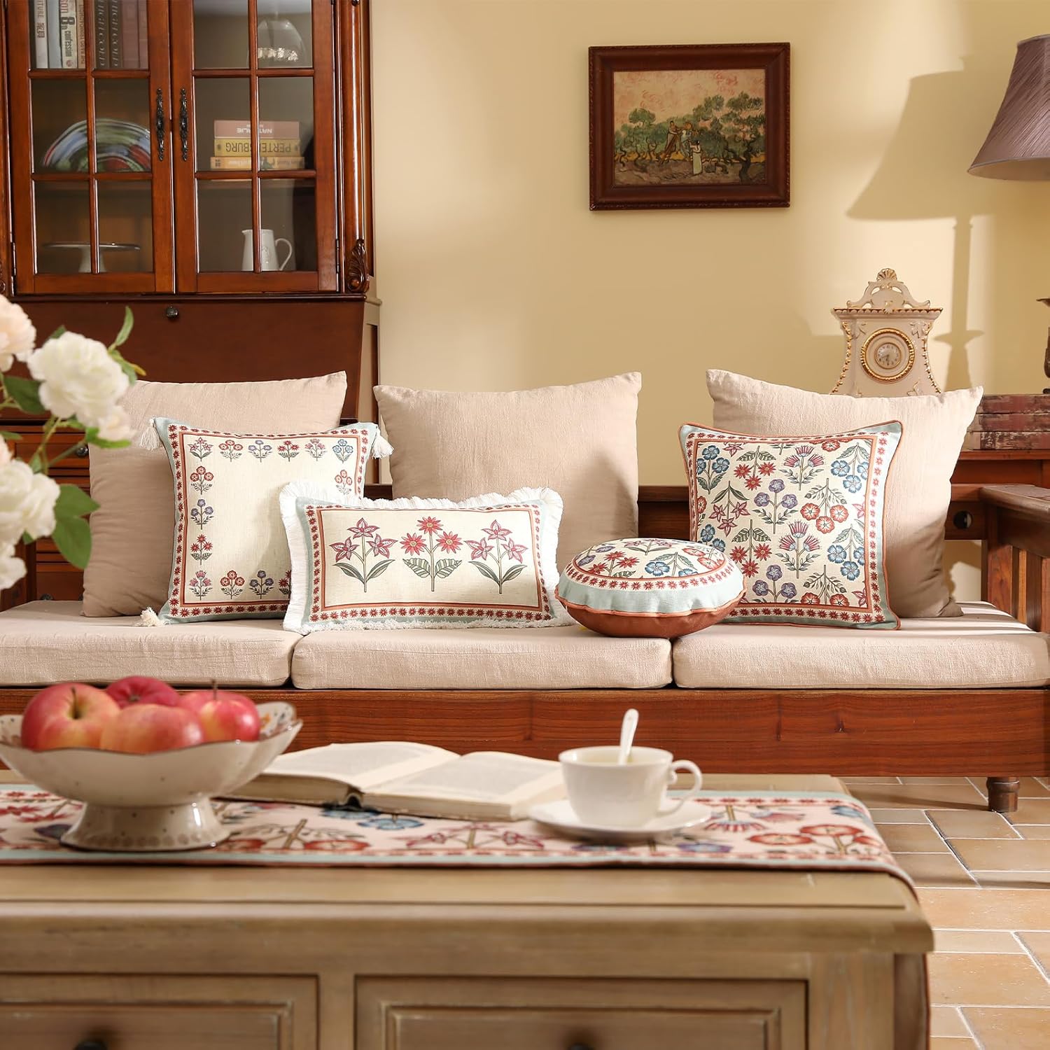 Blue Throw Pillow Covers Set of 2,Cottage Rustic Farmhouse with Wild Flowers Pattern Linen Pillowcases,Decorative Lumbar Pillows Cushion Cover for Couch Sofa Bed Chair Car,12x20 Inches