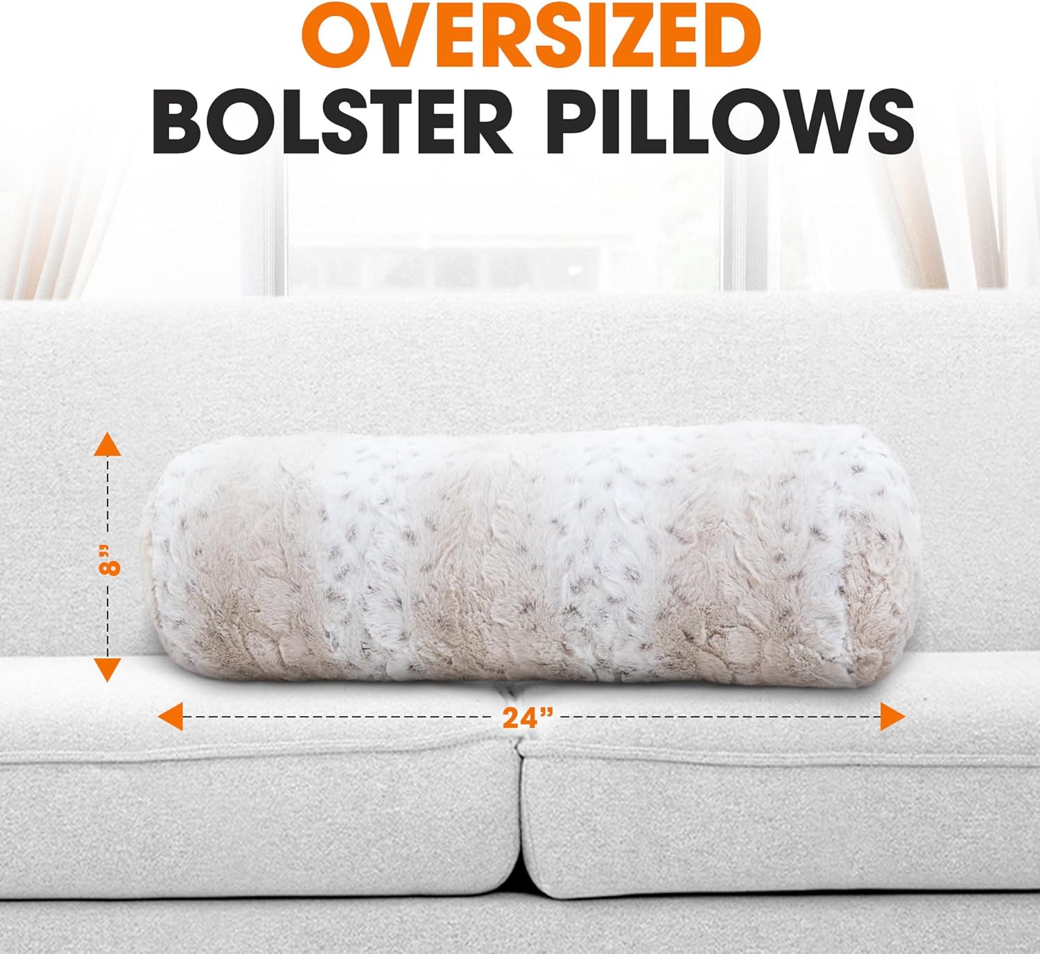 Cheer Collection Faux Fur Bolster Pillows – Soft Decorative Cylinder Pillows for Bed or Couch, Machine Washable – 8” x 24”, Set of 2, Snow Leopard