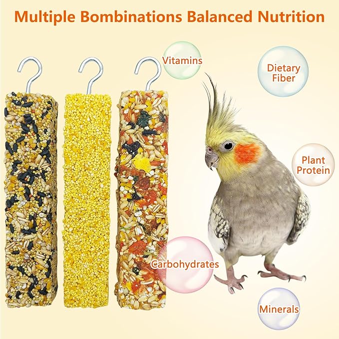 Fhiny 6 PCS Parakeet Treats Natural Cockatiel Food Grain & Vegetable & Millet Flavored Parrot Snack Sticks Bird Treats for Budgerigars Lovebirds Canaries Conurus Finches