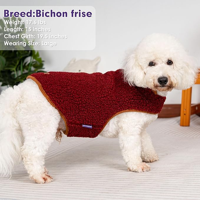 cyeollo Warm Dog Coat Fleece Sherpa Winter Sweater Coats, Turtleneck Dog Jacket Vest for Small Medium Large Dogs with Leash Hole, Soft Reversible Pet Coats for Cold Weather, Burgundy, XL