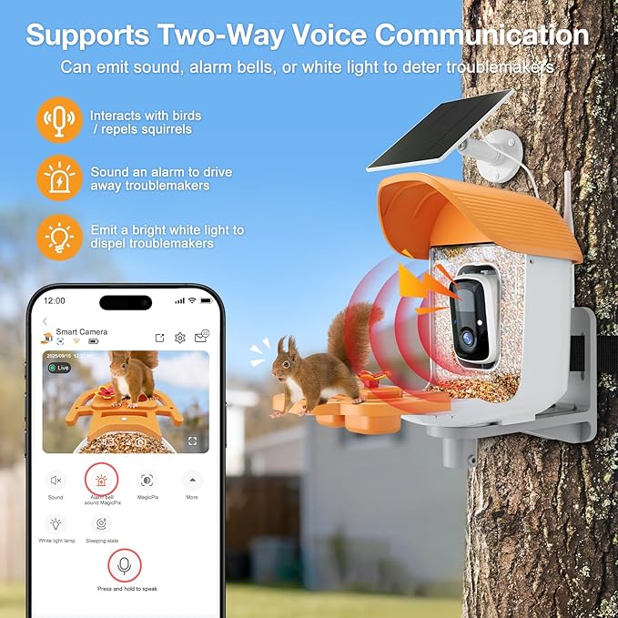 Smart Bird Feeder With 3MP HD Camera & AI Identify, Hummingbird Feeder With Solar Panel, Supports Two-Way Audio, Instant Arrival Alerts, Birdhouses For Outdoors, Gifts For Bird Lovers, Orange