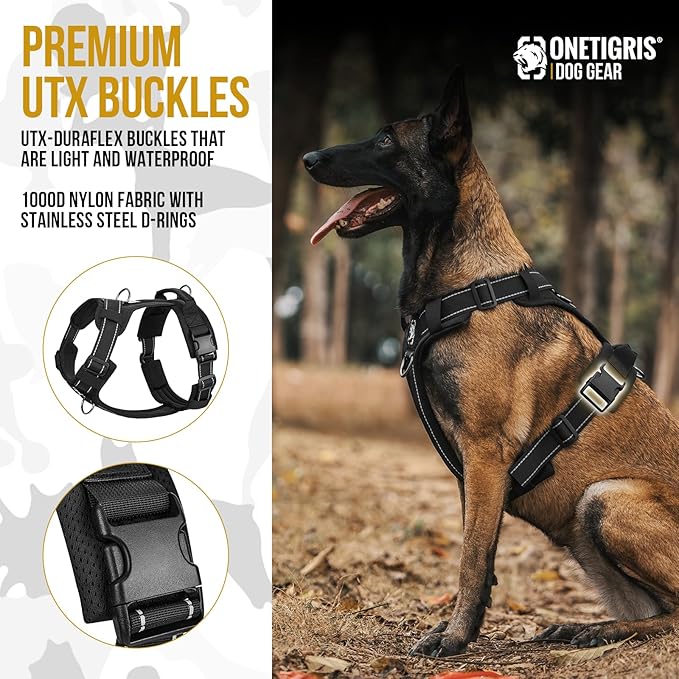 OneTigris Dog Harness, Soft Padding No Pull Dog Vest Harness, Durable High-Tensile Nylon, Adjustable Tactical Harness for Medium and Large Dogs with Reflective, 1 Handle, 3 D-Rings