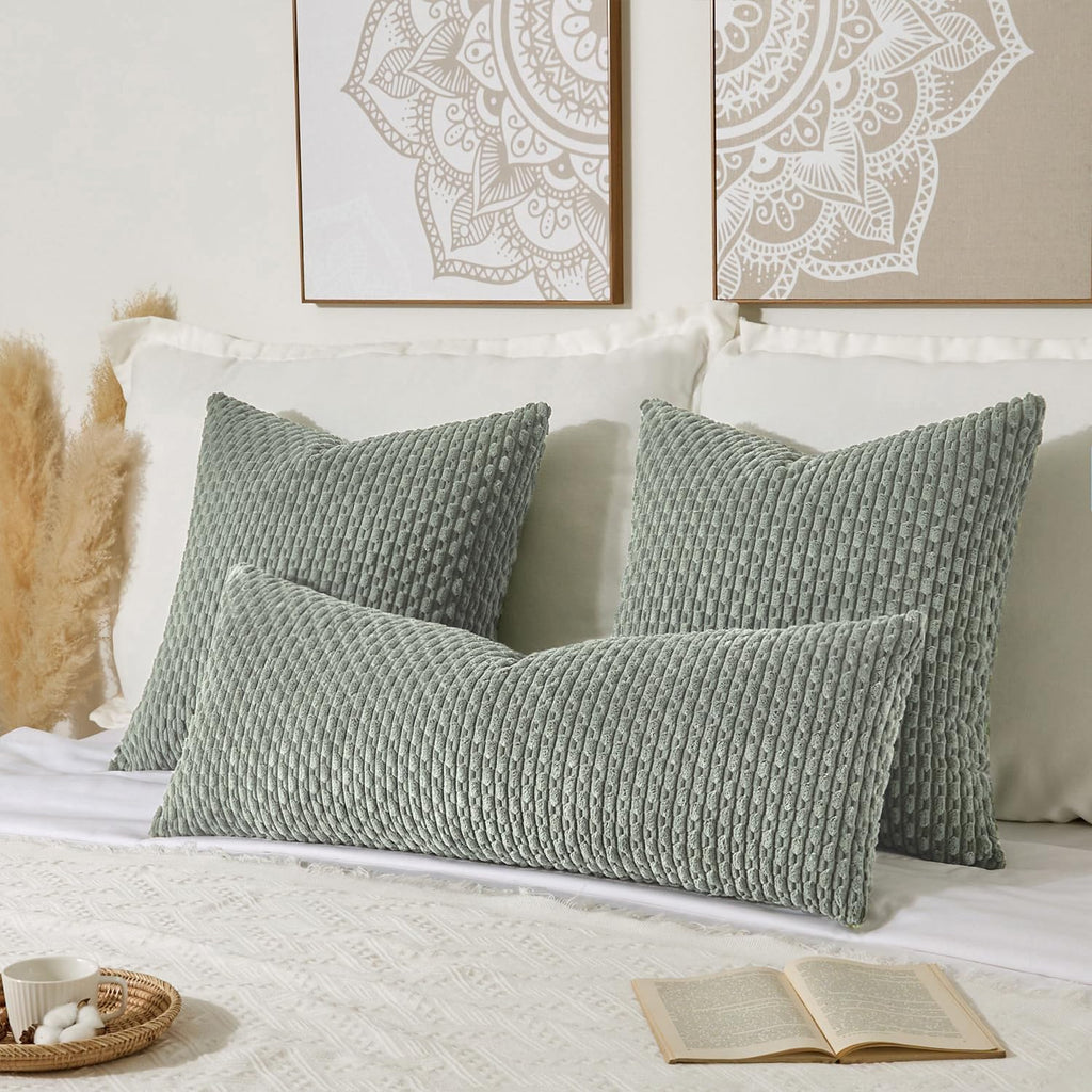 Kevin Textile 20x54 Inch Long Body Lumbar 1 Pack Boho Decorative Throw Pillow Cover Soft Striped Corduroy Rectangle Cushion Case Farmhouse Accent for Living Room Couch Sofa Bed, Greyish Green