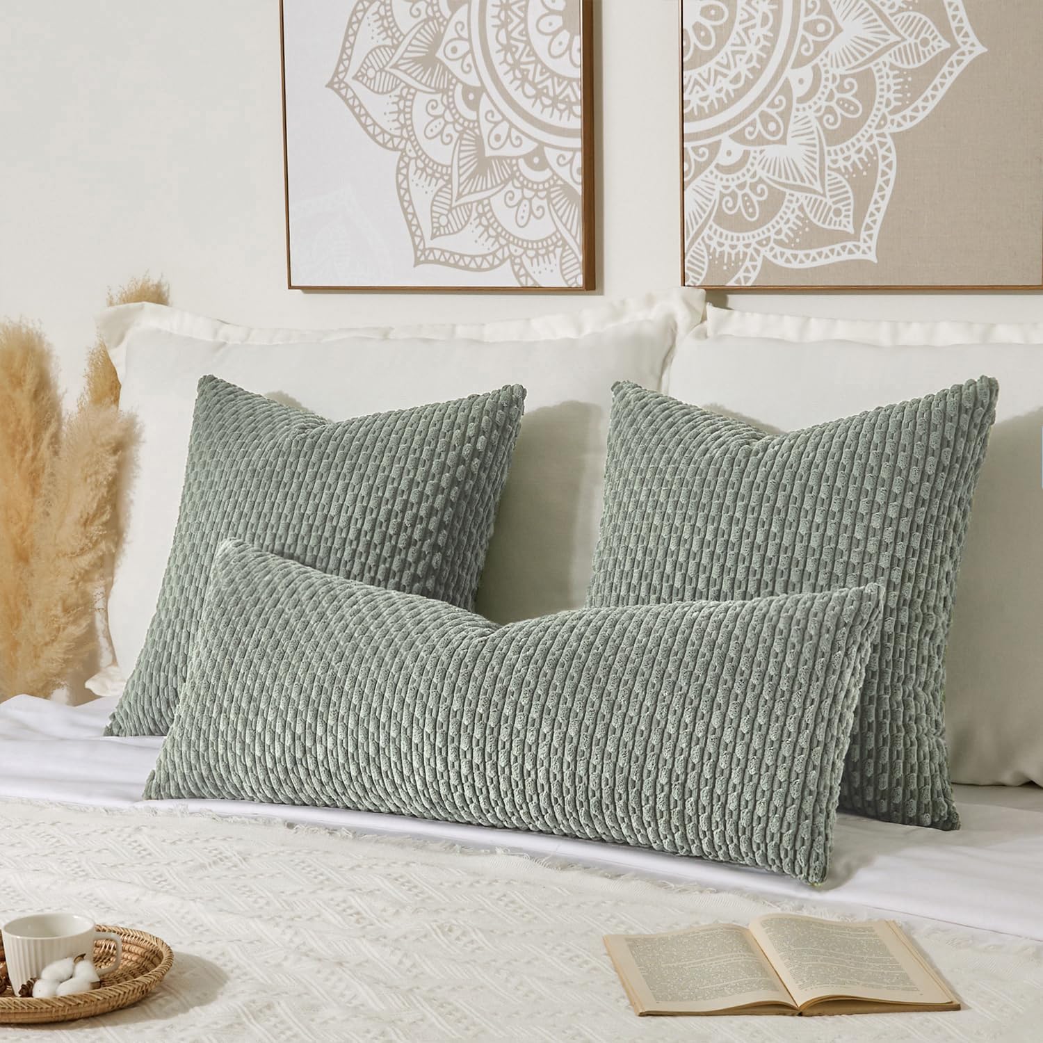 Kevin Textile 20x54 Inch Long Body Lumbar 1 Pack Boho Decorative Throw Pillow Cover Soft Striped Corduroy Rectangle Cushion Case Farmhouse Accent for Living Room Couch Sofa Bed, Greyish Green