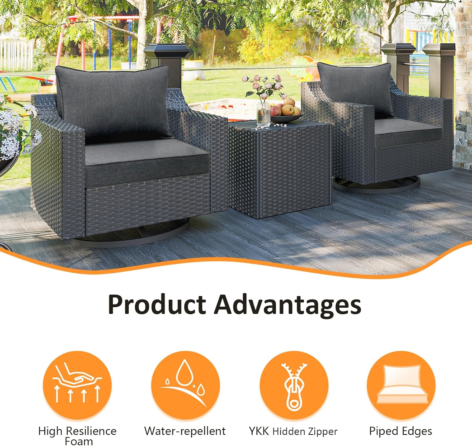 Outdoor Patio Chair Cushions Set, 24" x 24", Set of 2, Water-Repellent, Fade Resistant, Deep Seat Bottom and Back Cushion for Backyard, Couch, Sofa and Patio Furniture, Charcoal