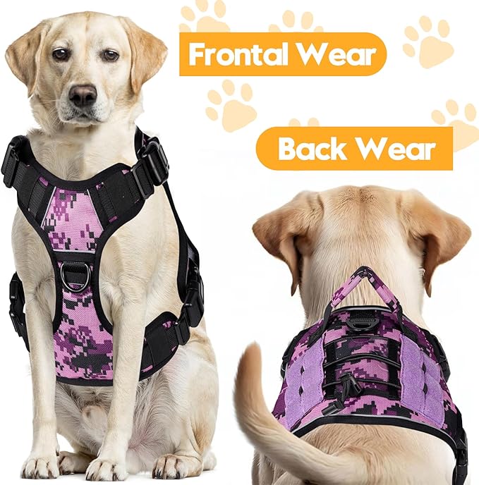 Heavy-Duty Tactical Dog Harness for Large Dogs, No Pull Adjustable Reflective Pet Vest with Molle System, K9 Military-Grade Control for Service Training, Outdoor & 10+ Breeds, Purple Camo, Medium