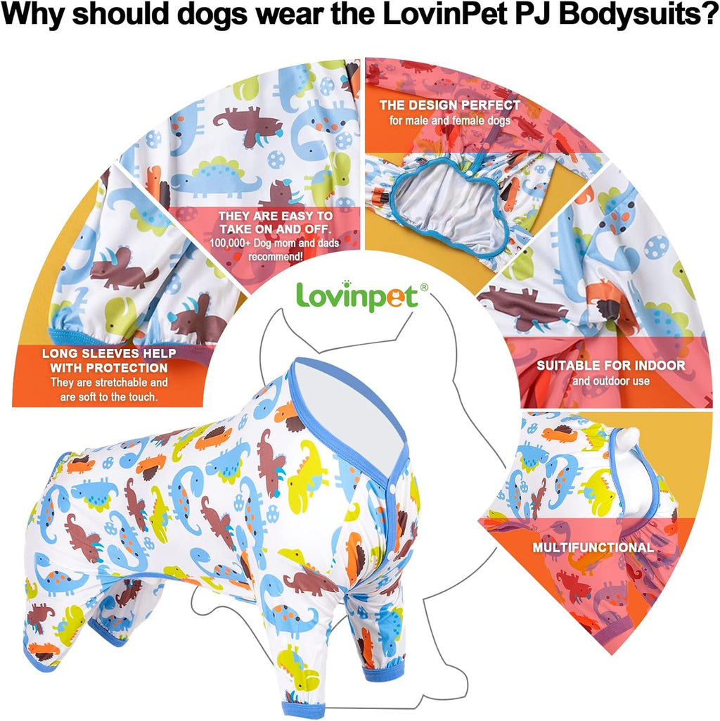 LovinPet Large Dog Pajamas, Dinosaur Print Style, UV Protection, Post Surgery, Anxiety Relief, Pet Pajamas for Dogs, Light Weight Big Dog Pullover, Full Coverage Pitbull Types PJ's, L