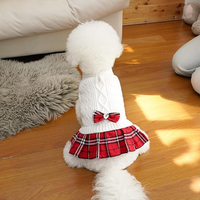 WOYYHO Girl Dog Sweater Dress with Bowtie Turtleneck Small Dogs Sweater with Leash Hole, Knitted Small Dog Sweaters Dress Puppy Winter Clothes for Yorkies Chihuahua (Medium, White)