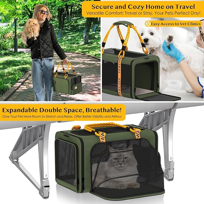 PAWZIDEA Expandable Pet Carrier w/ID Card, 18″×11″×11″ Small Dog Carrier TSA Airline Approved, Top Load Cat Carrier for 2 Cats Under Seat, Soft-Sided Collapsible Puppy & Animal Travel Bag, up 15 lbs