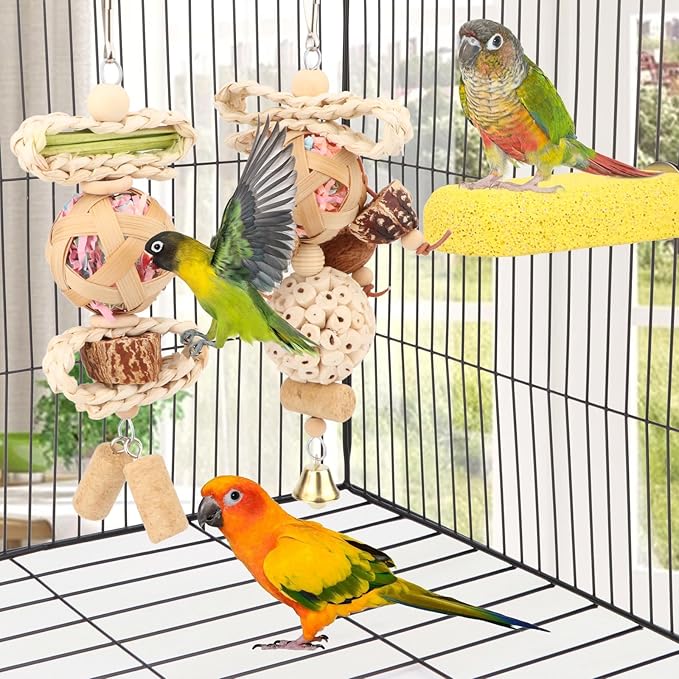 Wontee Bird Toys Colorful Shredding Crinkles Foraging Toys Natural Sola Ball Chew for Cockatiels Conures Parakeets Budgies Senegal (2 Pack)