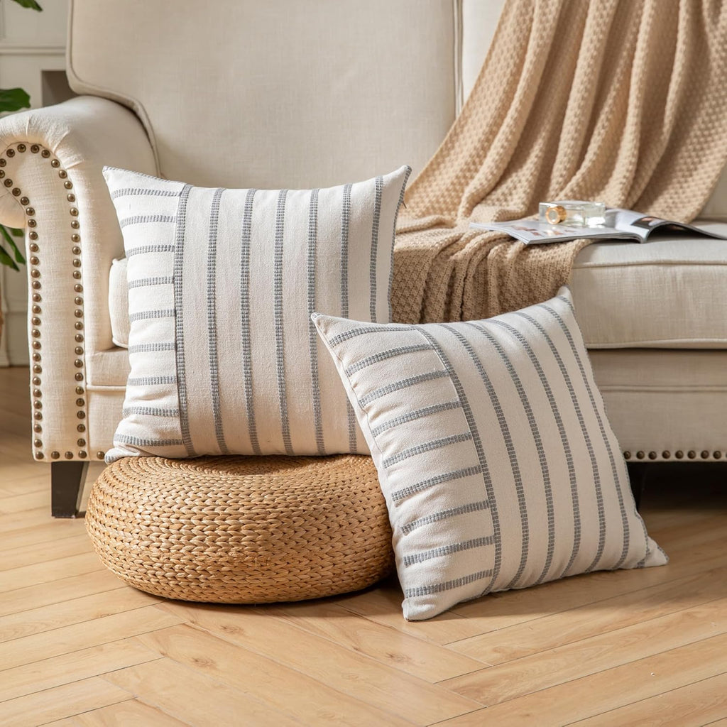Caflife Boho Throw Pillow Covers 20x20 Set of 2 Soft Farmhouse Decorative Couch Pillow Cases Grey Striped Pillow Covers Neutral Cushion Covers for Sofa Bed Living Room Home Decor