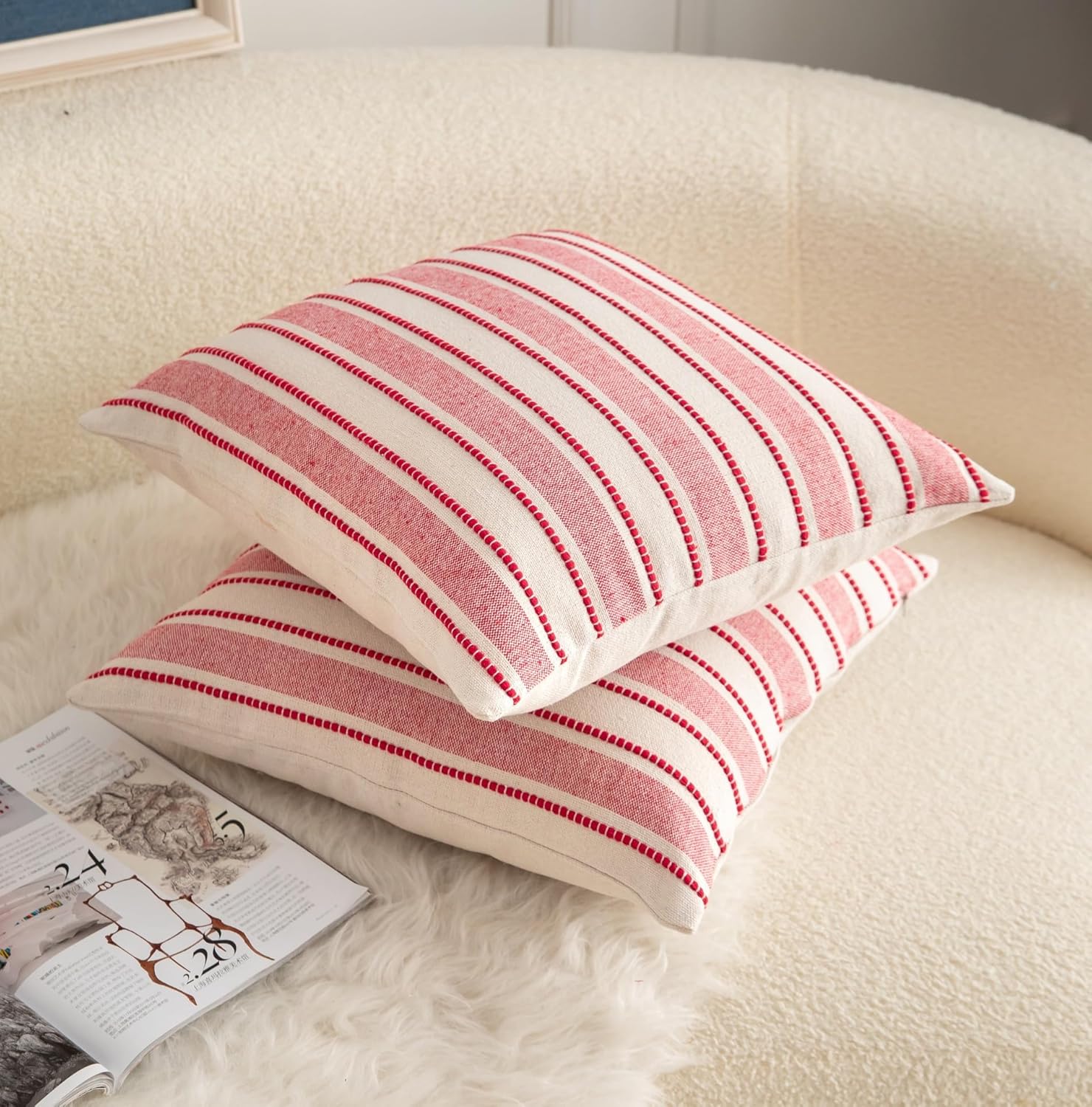 Christmas Pillow Covers, Boho Textured Red Pillow Case, Pillow Covers 20 x 20 Inch Set of 2 Christmas Decorative, Chair Sofa Bedroom Living Room Home Holiday Decor Cushion Case