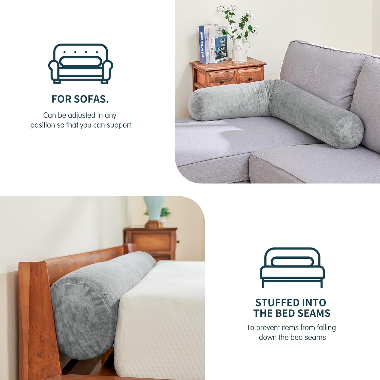 SyMax 7.8"x60" Body Pillow for Queen Bed, Bolster w/Removable Polyester Cover, Headboard Gap Filler Pillow, Black