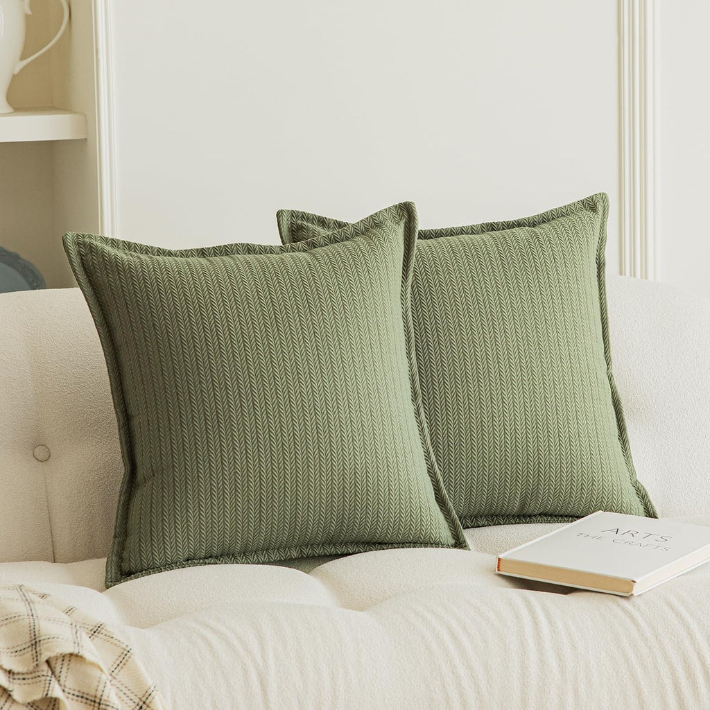 Set of 2 Cozy Striped Herringbone Flange Throw Pillow Covers, Aesthetic Embossed Pattern Pillow Covers for Couch and Bed - 16"x16", Sage Green