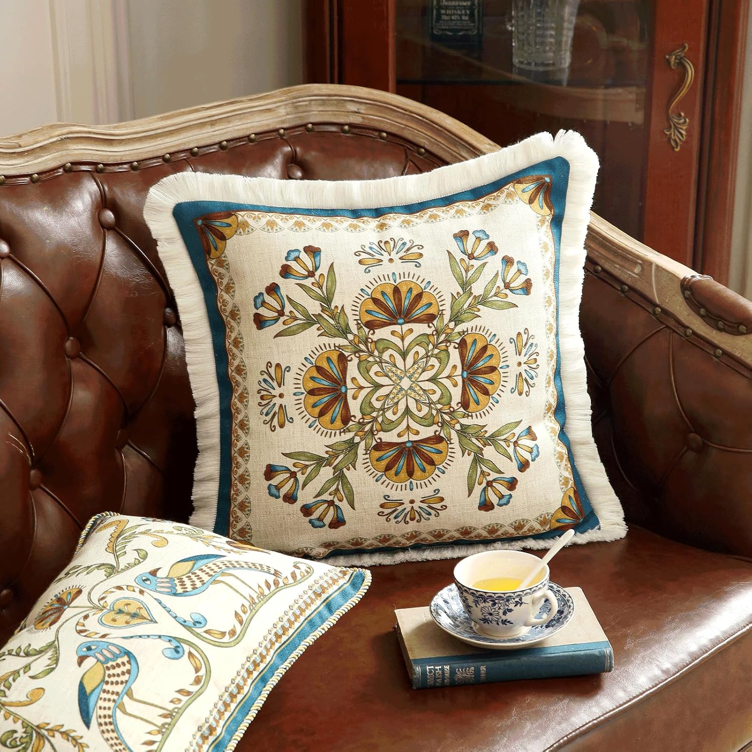 patdrea Designer Square Throw Pillow Covers,French Vintage Blue Farmhouse Linen Floral Pattern Pillow Cover,Decorative Pillowcases Cushion for Bed Living Room Outdoor Car,18"x18"