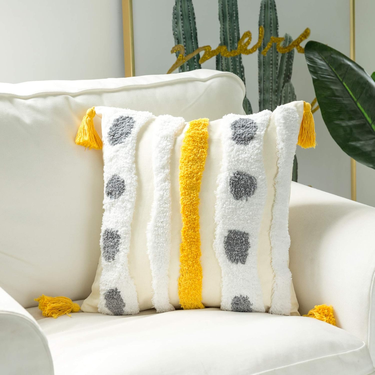 Woven Tufted Farmhouse Boho Throw Pillow Cover, Modern Decorative Multi Color Geometric Stripes Pillowcase with Tassels for Couch Sofa Bedroom Living Room, 18 x 18 Inches, Ivory, White, Yellow, Grey