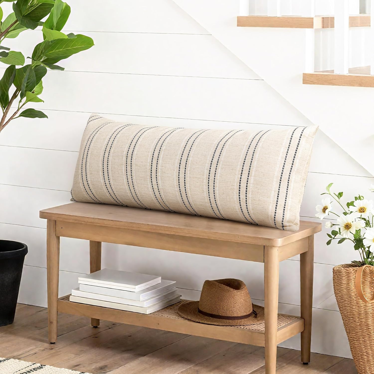 AELS 14x36 Decorative Lumbar Throw Pillow Covers, Farmhouse Linen Textured Long Pillow Case, Beige with White & Black Stitch Boho Cushion Cover for Couch Living Room (Cover ONLY)