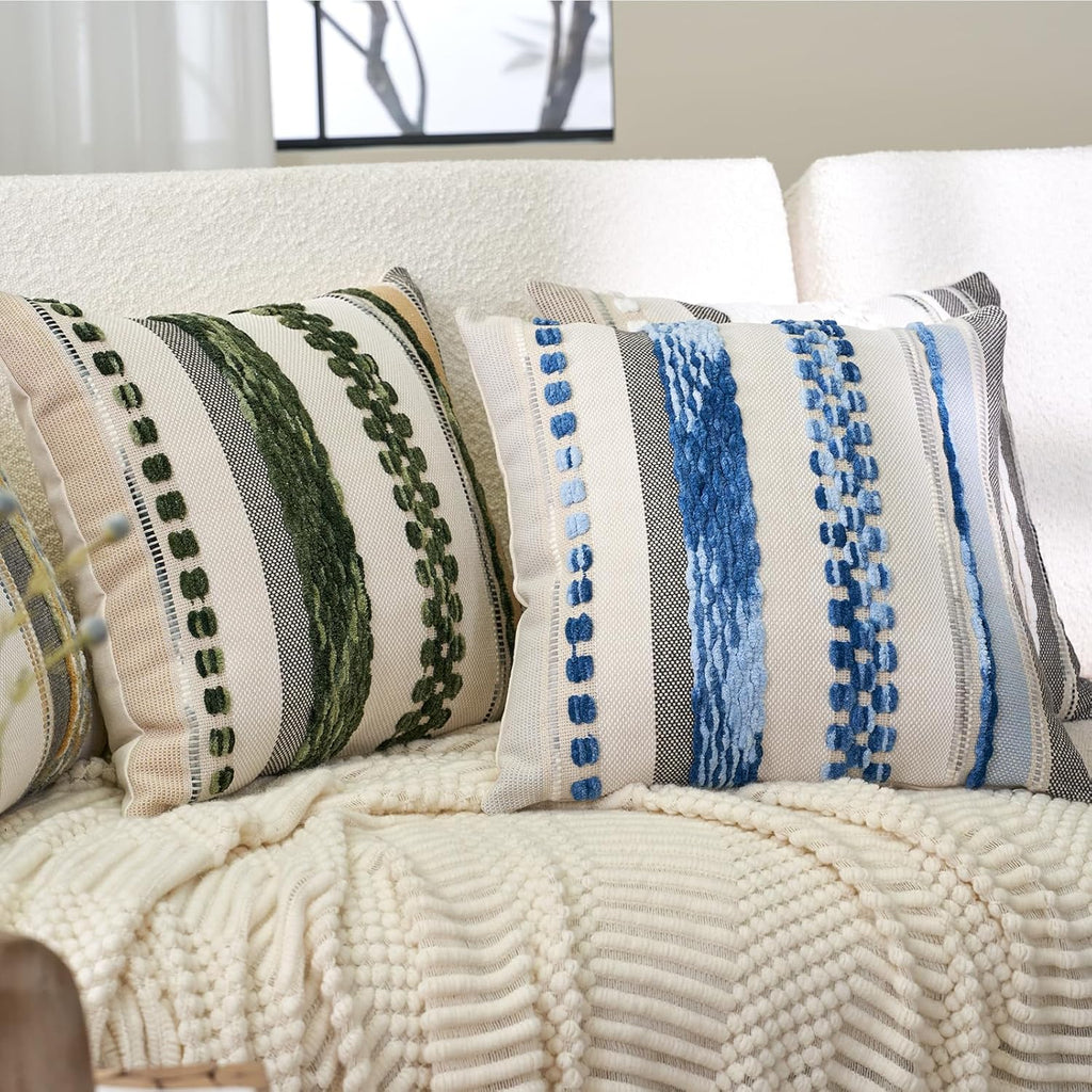 Aeckself Boho Throw Pillow Covers 18x18 Inch Set of 2, Farmhouse Decorative Striped Square Pillow Covers Chenille Tufted Pillow Cases Accent Neutral Pillowcase for Living Room Couch Bed, Sky Blue