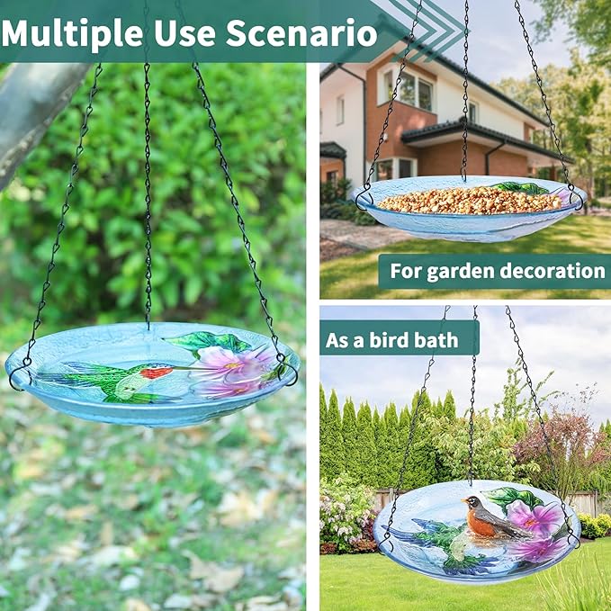 VCUTEKA Glass Hanging Bird Bath for Outdoors, BirdBaths with 21-Inch Rust-Proof Chain, Garden Yard Decor, Hummingbird Pattern