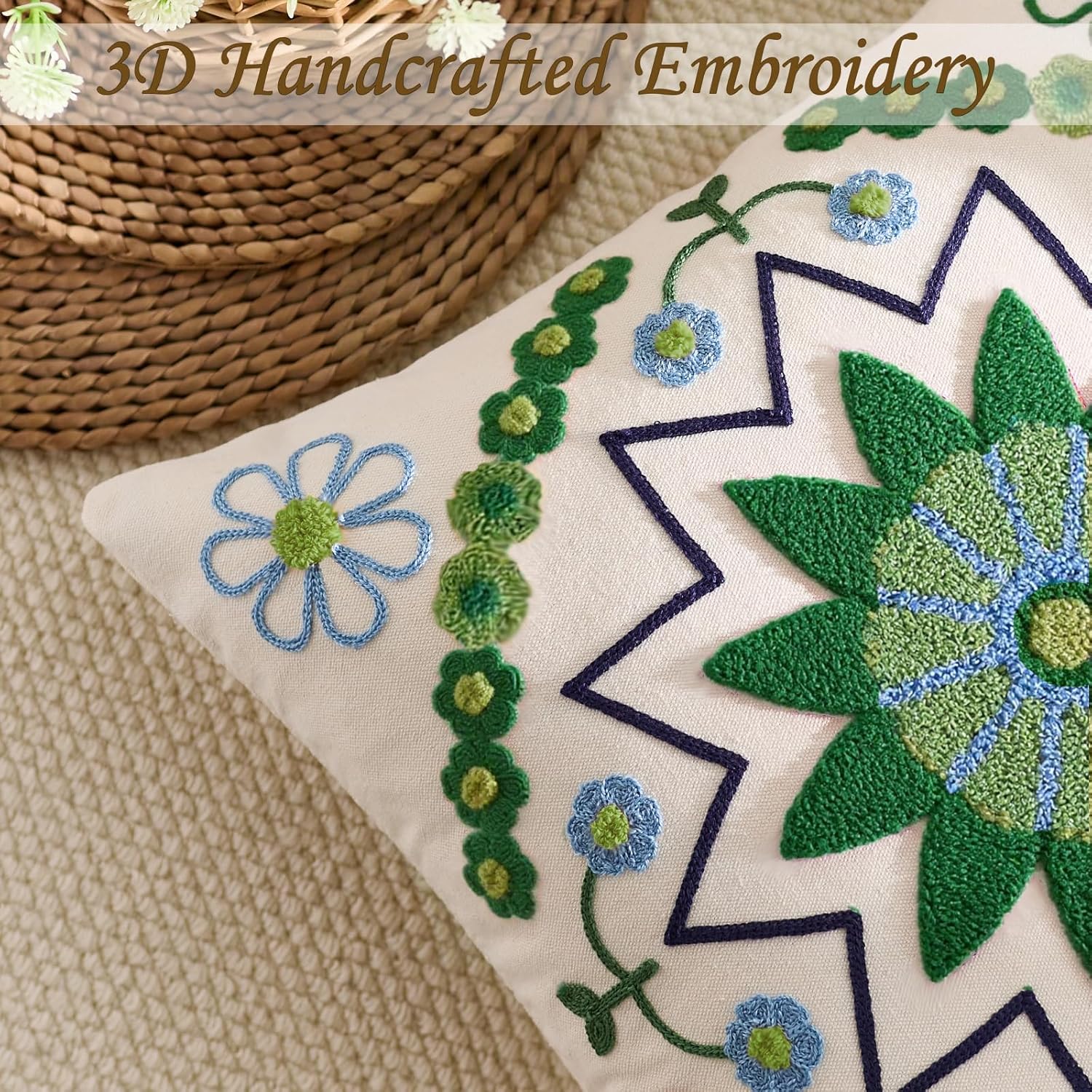 Embroidered Throw Pillow Cover 20x20 Classic Boho Floral Pattern Pillows Cover Outdoor Decorative Pillowcase,Durable Cozy Textured Cushion Case for Sofa Couch Bed Living Room,Green