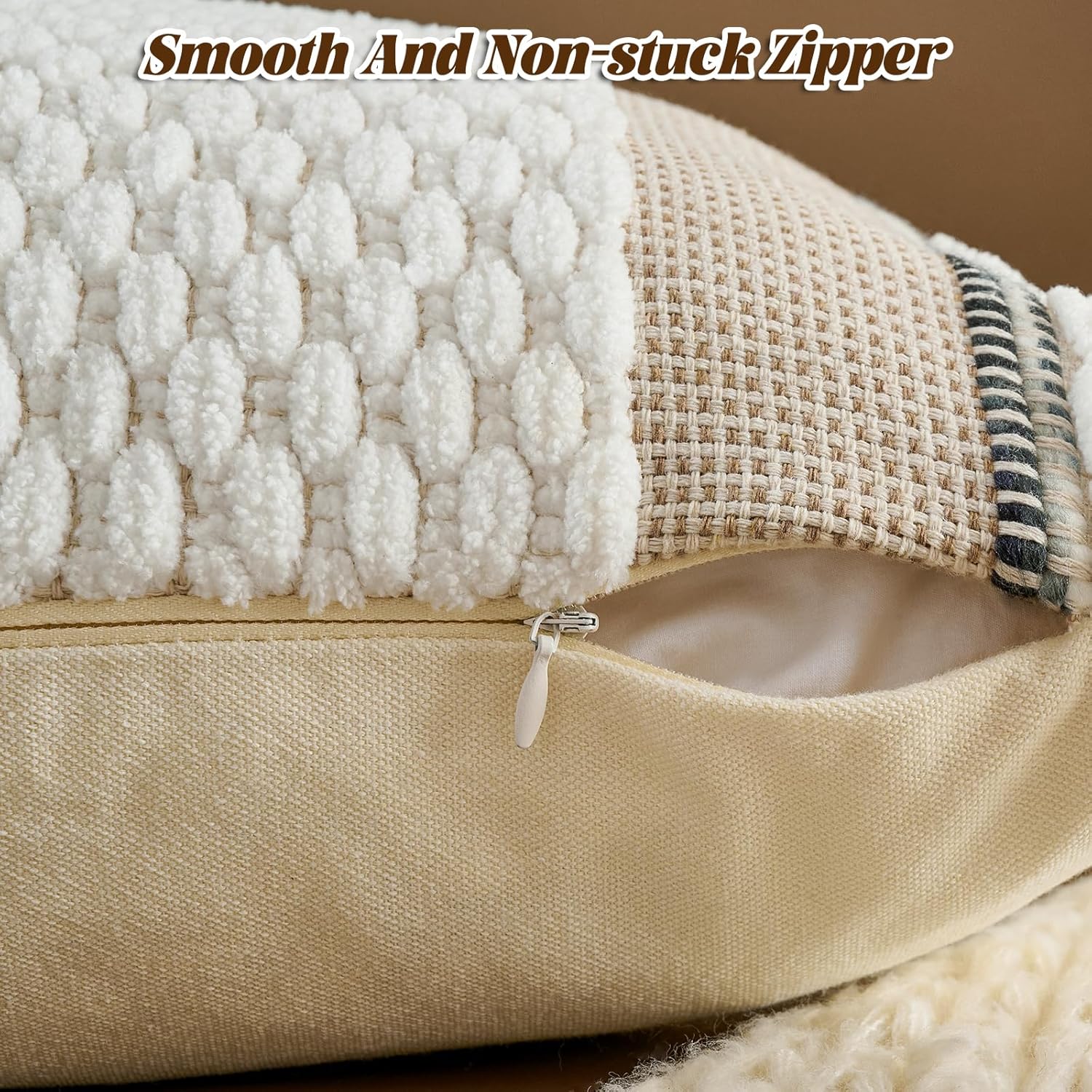 AmHoo Set of 2 Chenille Striped Textured Boho Throw Pillow Covers Aesthetic with Tassels Woven Decorative Pillow Case for Couch Bed Sofa Bedroom Modern Funky 18 x 18-Inch White