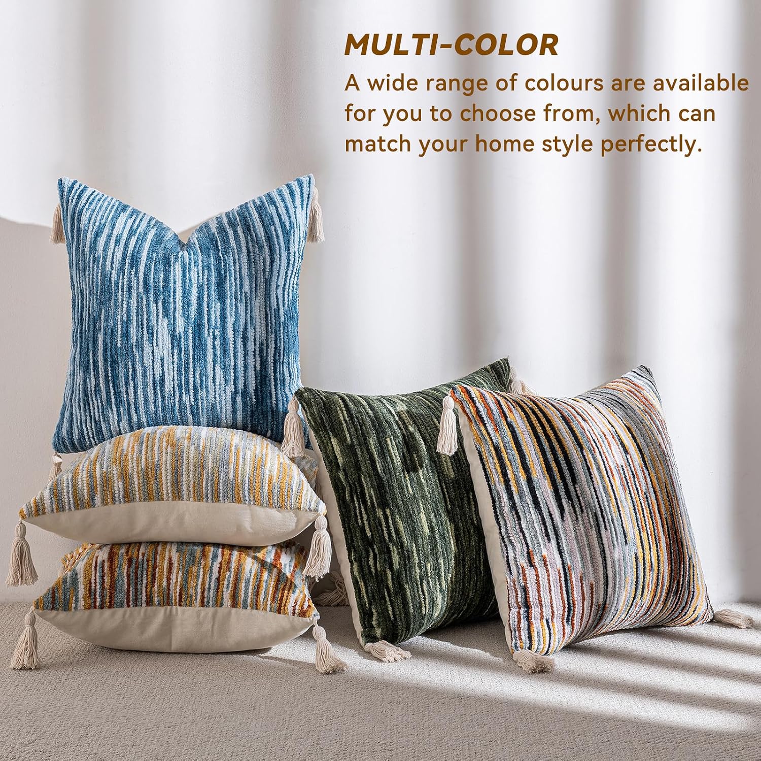 AmHoo Boho Throw Pillow Cover Decorative Bohemian Woven Tufted Striped Farmhouse with Tassels Textured Cushion Case Pillowcase Neutral for Sofa Couch Bed 18 x 18-Inch Sky Blue