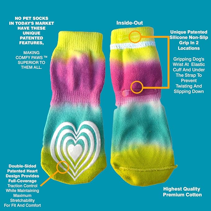 Medical Therapeutic Double Sided Non-Slip Cotton Dog Socks | PawFlex Comfy Pawz Silicone Grip on Inner Cuff No Twisting or Sliding Off | Senior & Disabled Dog Traction Control |Pet Paw Protection