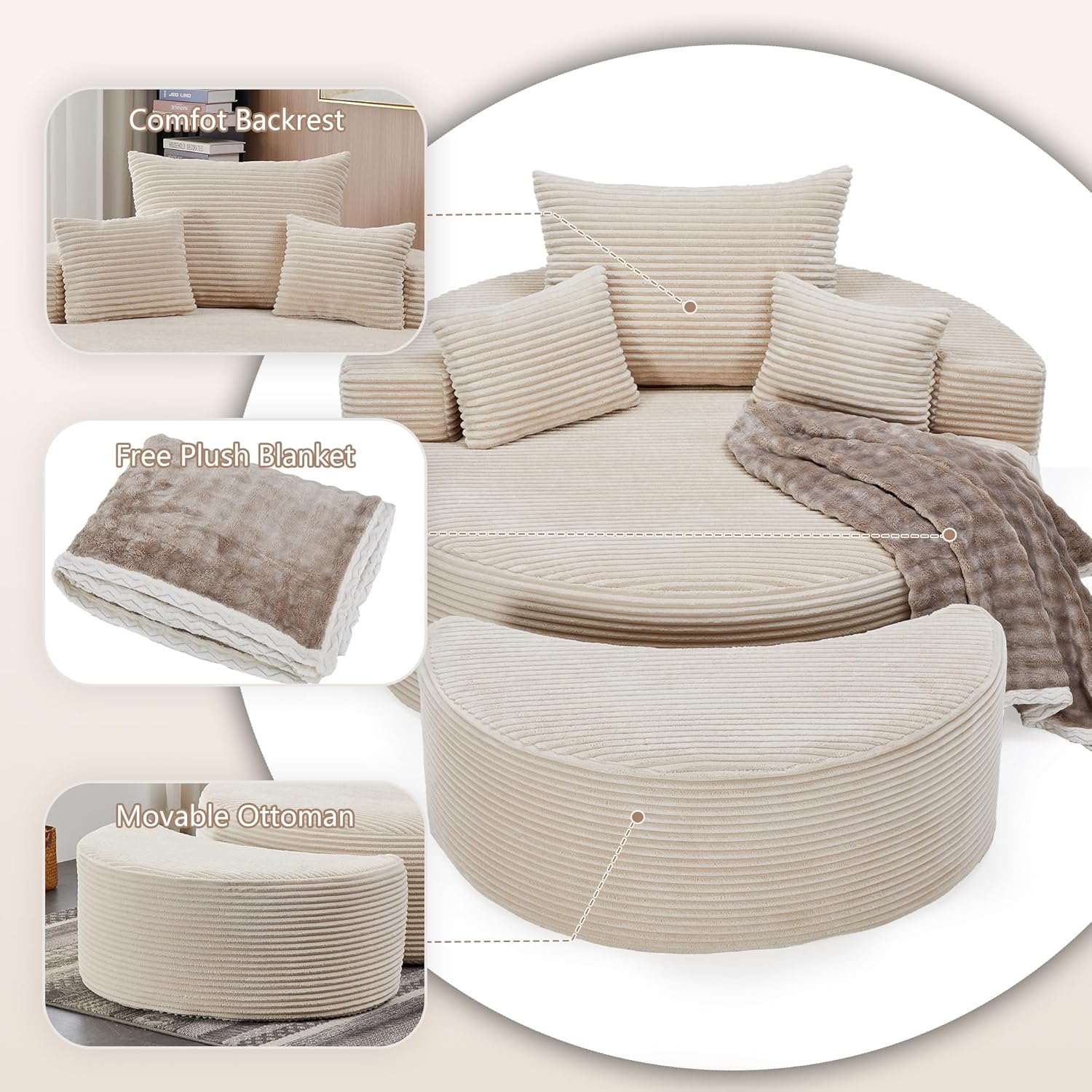 55.11" W Oversized Round Chaise Lounge Chair, Deep Seat Corduroy Cloud with Pillows, Moveable Ottoman and Blanket– Comfy Circle Loveseat Sofa Chair for Living Room or Bedroom (Beige)