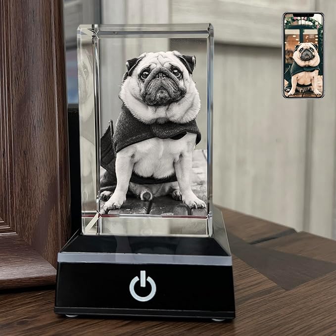 3D Crystal Photo, Personalized Dog, Cat Memorial Gifts for Pet Owners. Gift Box Included, Customized Laser Etched Crystal Photo (Small Portrait)