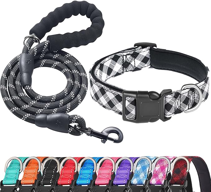 Reflective Dog Collar Padded with Soft Neoprene Breathable Adjustable Nylon Dog Collars for Small Medium Large Dogs (Small (Pack of 1), Black Plaid Collar+Leash)