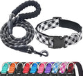 Reflective Dog Collar Padded with Soft Neoprene Breathable Adjustable Nylon Dog Collars for Small Medium Large Dogs (Medium (Pack of 1), Black Plaid Collar+Leash)