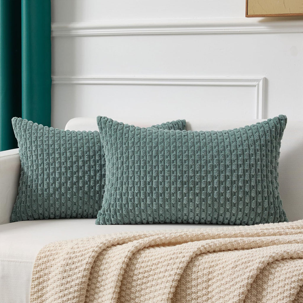 Kevin Textile 12x24 Inch Pillow Cover 1 Pack Boho Decorative Soft Striped Corduroy Lumbar Farmhouse Color Accent Rectangle Cushion Case for Living Room Couch Sofa Bed, Teal Green
