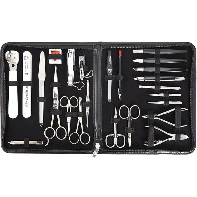 3 Swords Germany - Brand Quality 23 Piece Manicure Pedicure Grooming kit Set for Professional Finger & Toe Nail Care Tweezers File Clipper Fashion Leather case in Gift Box, Made by 3 Swords (0293)
