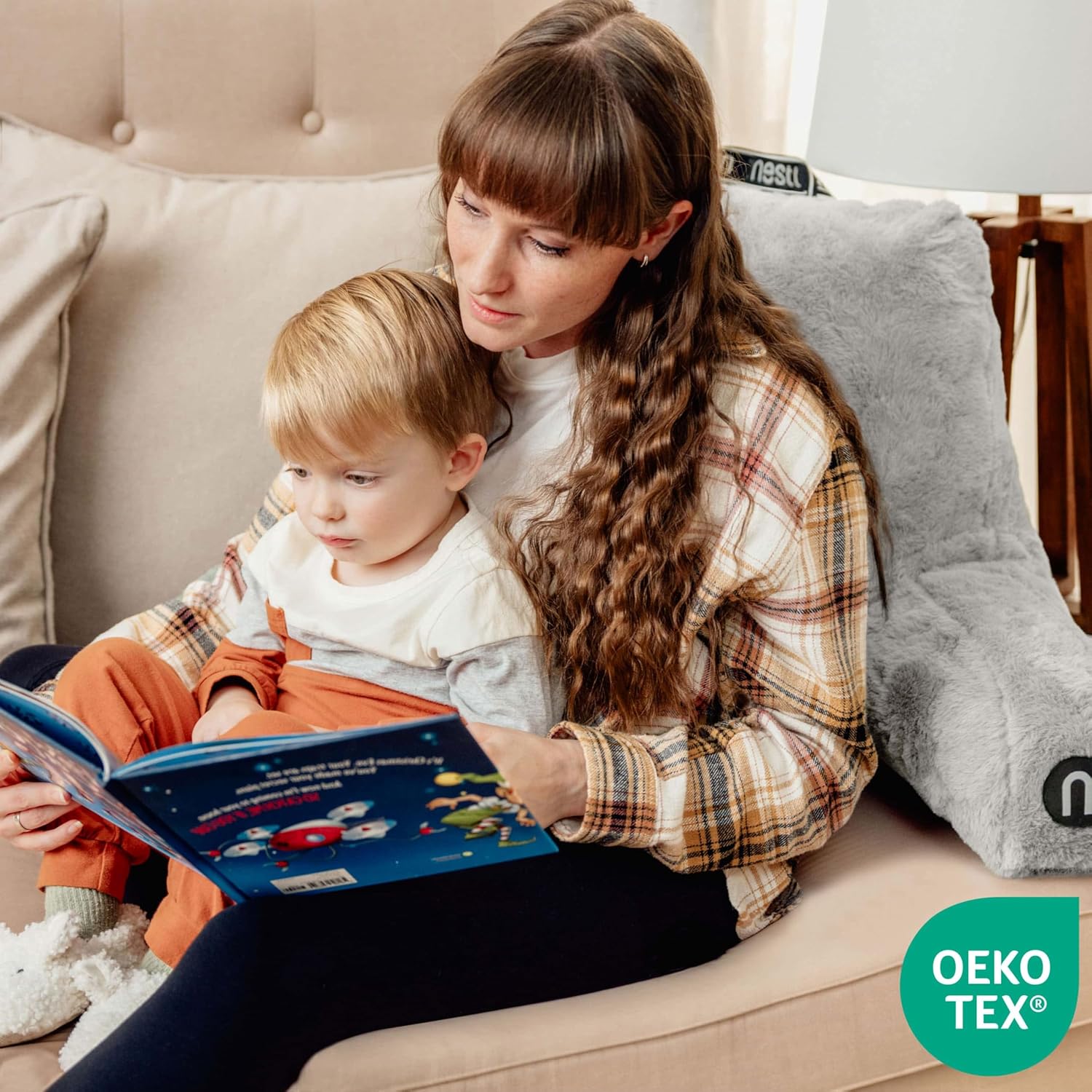 Nestl Fur Reading Pillow, Stylish Back Pillow for Bed Sitting Up, Faux Fur Bed Chair Pillow with Arms, Reading Pillows for Sitting in Bed Adult & Kids, Back Support Pillow for Bed Rest - Light Grey