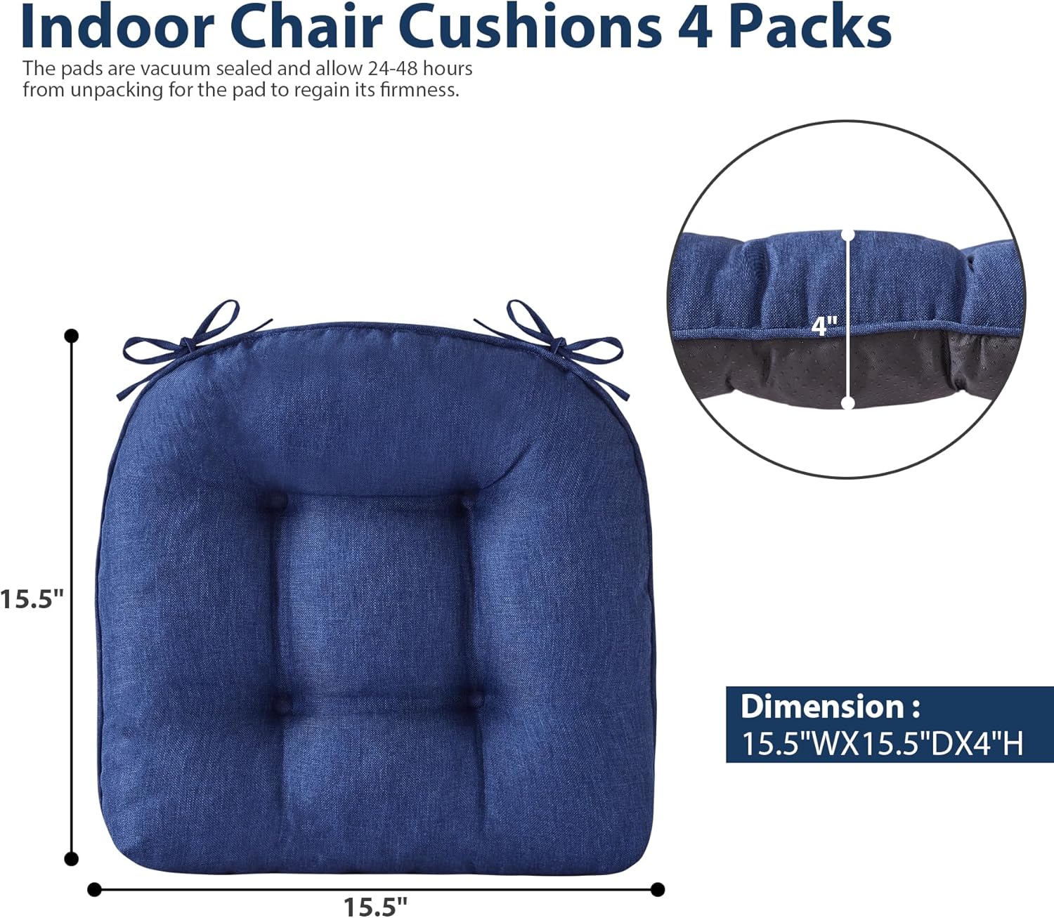 Chair Cushions for Dining Chairs, Seat Cushions for Kitchen Chairs, Indoor Seat Cushions with Ties, Tufted Foam Chair Pads, Non Slip Chair Cushions Set of 6, 15.5" x 15.5" x 4", Navy Blue