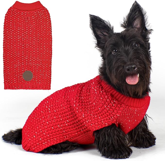 KYEESE Dog Christmas Sweater with Leash Hole Warm Pullover with Reflective Yarn for Small and Medium Dogs Male Soft Knit Pullover Boy Dog Coats Cozy Lightweight Thick Sweater,Red,Medium