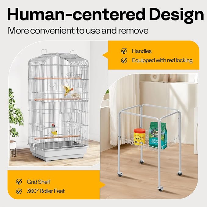 VIVOHOME 64 Inch Bird Cage with Play Top and Rolling Stand for Parrots Conures Lovebird Cockatiel Parakeets Gray