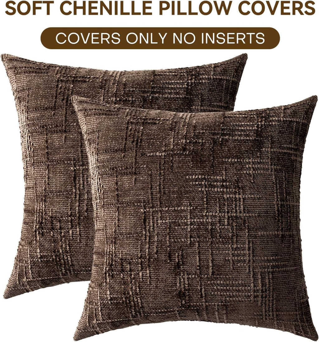 Decorative Throw Pillow Covers 18x18 Inch Set of 2, Soft Solid Farmhouse Chenille Couch Pillows, Spring Pillow Covers for Couch Sofa Bed Living Room Home Decor Pillowcase, Brown