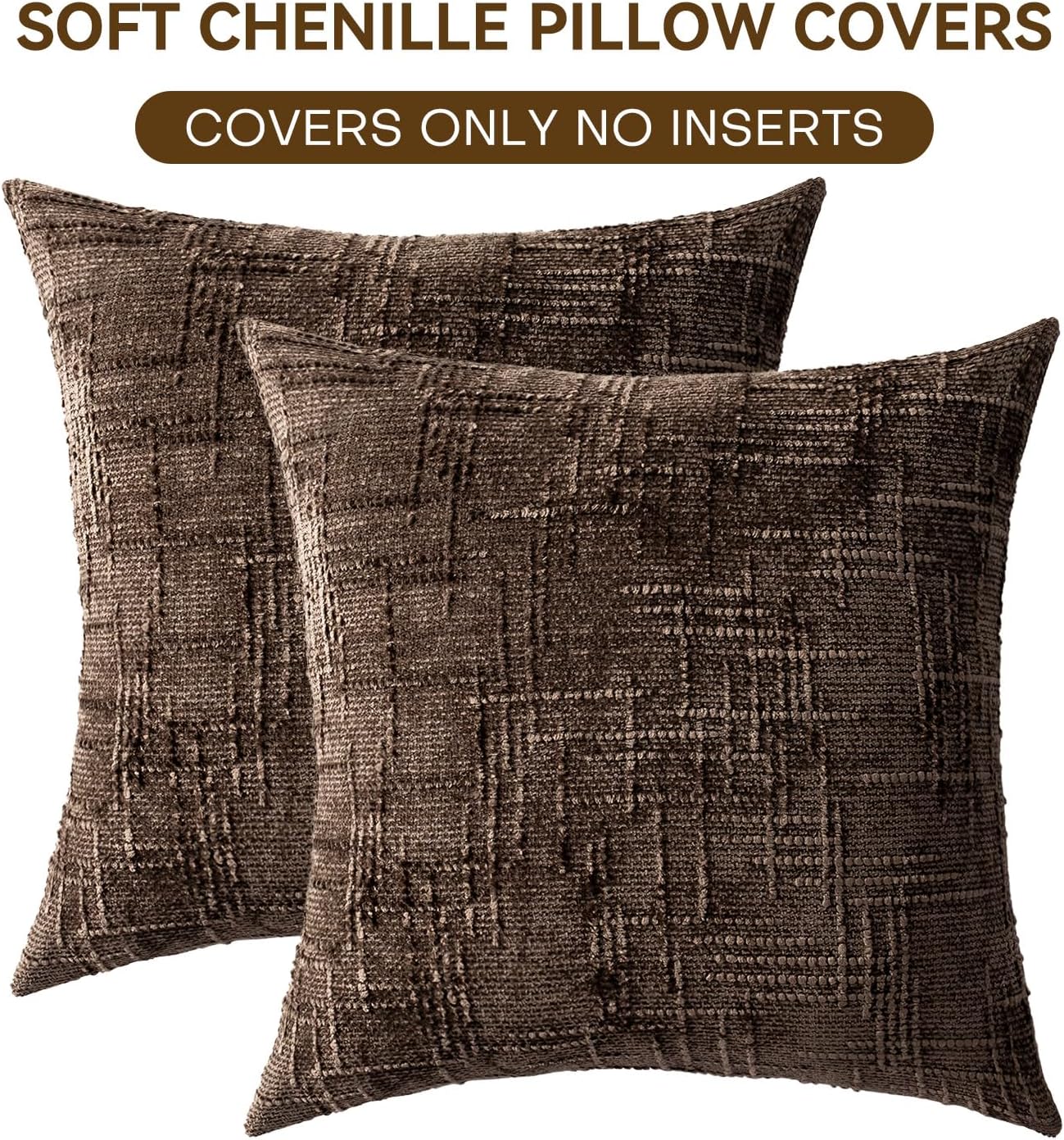 Decorative Throw Pillow Covers 20x20 Inch Set of 2, Soft Solid Farmhouse Chenille Couch Pillows, Spring Pillow Covers for Couch Sofa Bed Living Room Home Decor Pillowcase, Brown