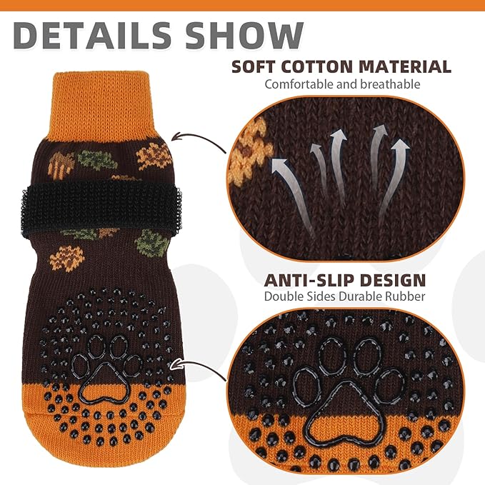 KOOLTAIL Thanksgiving Anti Slip Dog Socks for Hot/Cold Pavement to Prevent Licking Paws, Fall Dog Boots&Paw Protector with Grippers for Hardwood Floors, Traction Booties for Small Medium Large Dog, SM