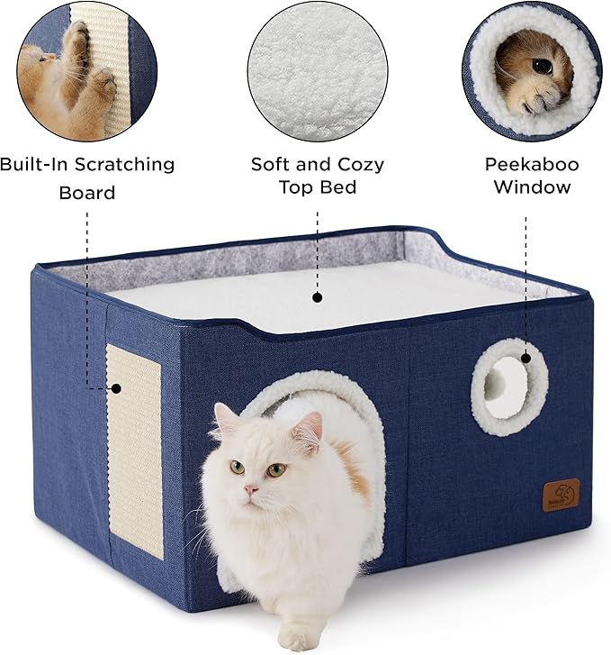 Bedsure Large Cat Beds for Indoor Cats - Extra Wide Cat Cube House for Small Pet with Fluffy Ball Hanging and Scratch Pad, Foldable Pet Cave Hideaway for Multiple Cats, 23.6x16.9x13 inches, Blue