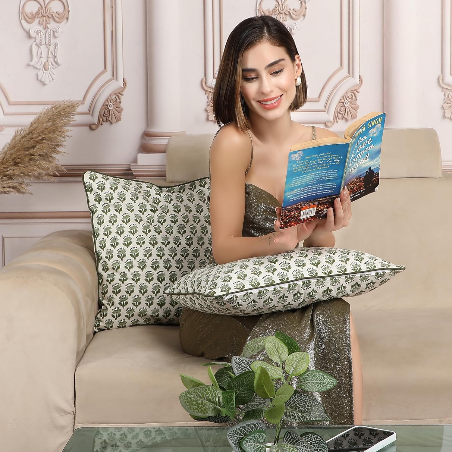 SheetKart Pure Cotton Throw Pillow Covers - Set of 2 - Hand Block Pure Cotton Printed Boho Decorative Pillow Covers - Cushion Covers for Living Room, Bohemian Theme, 16 x 16 Inches, Olive Petal