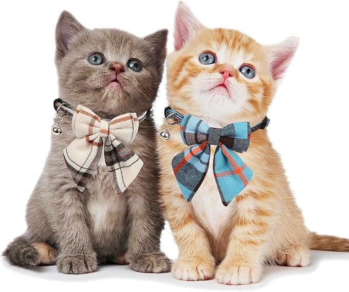 ADOGGYGO Plaid Cat Collars with Removable Bow Tie Bell, 2 Pack Beige Blue Plaid Kitten Bow Collar for Cats Kittens