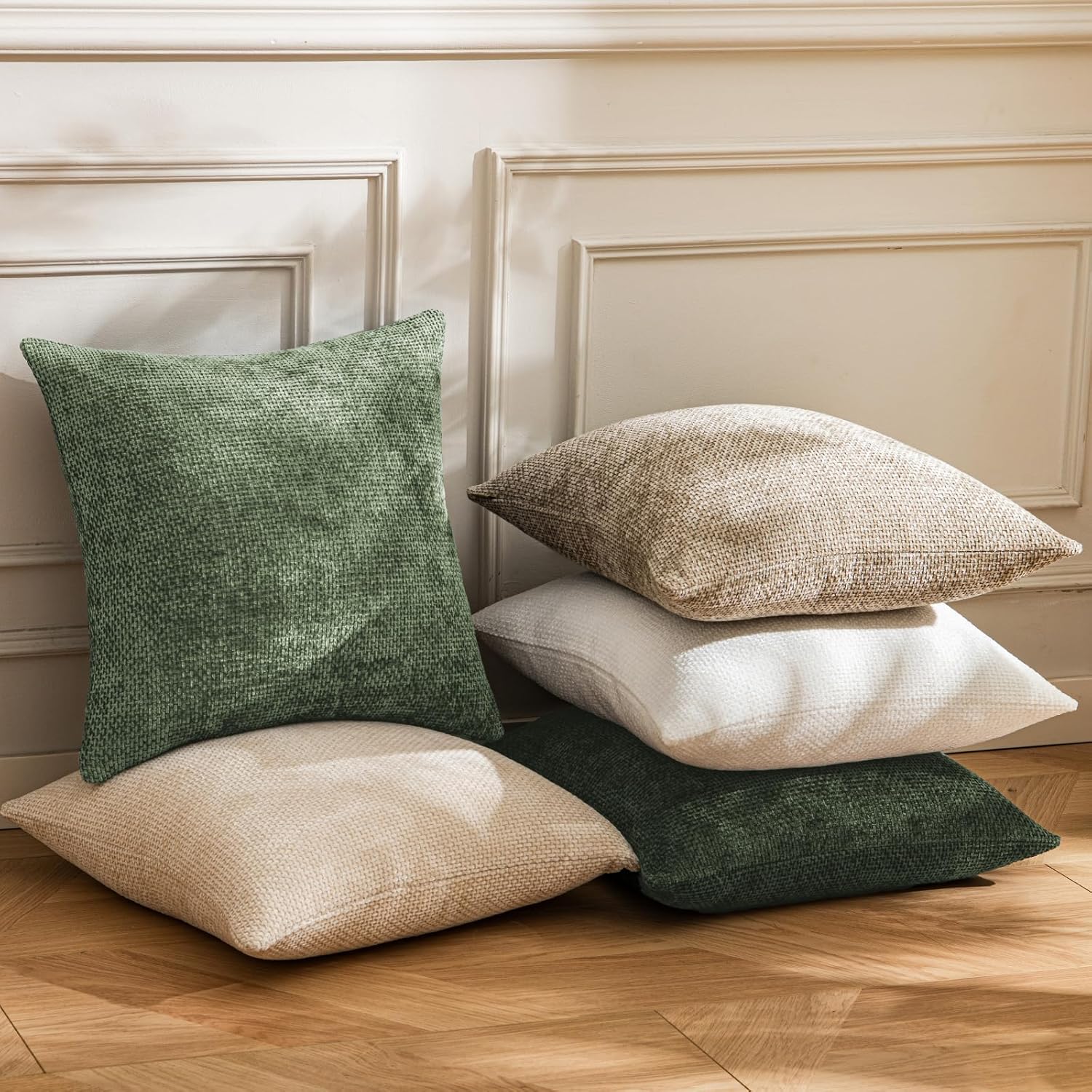 a moment Moss Green Chenille Throw Pillow Covers 18x18 Inch Pack of 2 Modern Decorative Throw Pillow Covers Farmhouse Cross Covers Home Decor for Sofa Bedroom Living Room