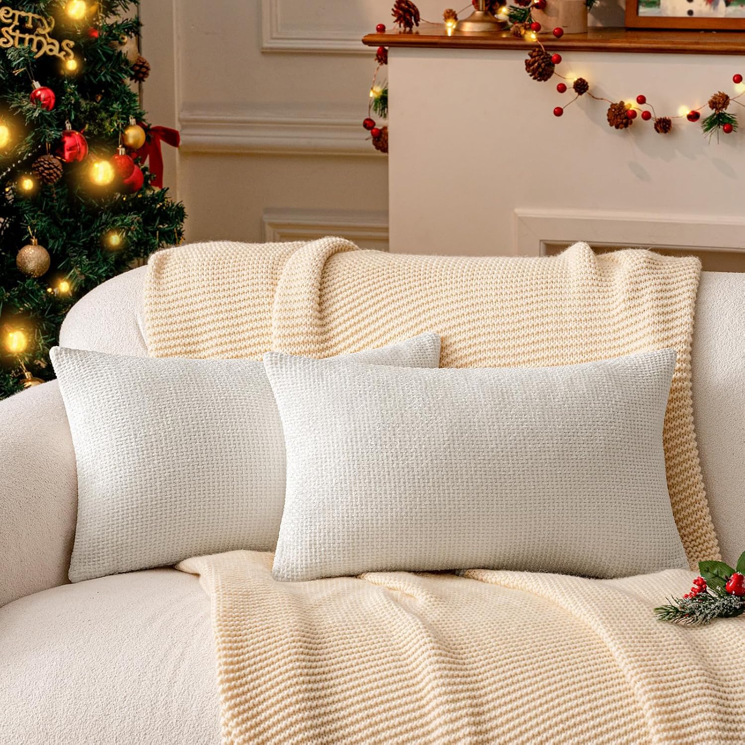 a moment Ivory Chenille Throw Pillow Covers 12x20 Inch Pack of 2 Modern Decorative Throw Pillow Covers Farmhouse Cross Covers Home Decor for Sofa Bedroom Living Room